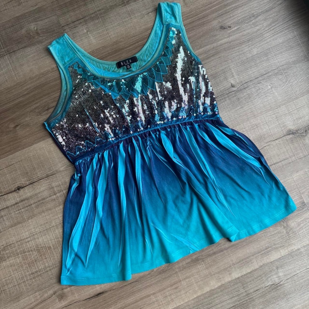 Y2K Sequin Babydoll Tank Women's Plus Size 1X Blue Sparkle B.L.E.U. 2000s Party
